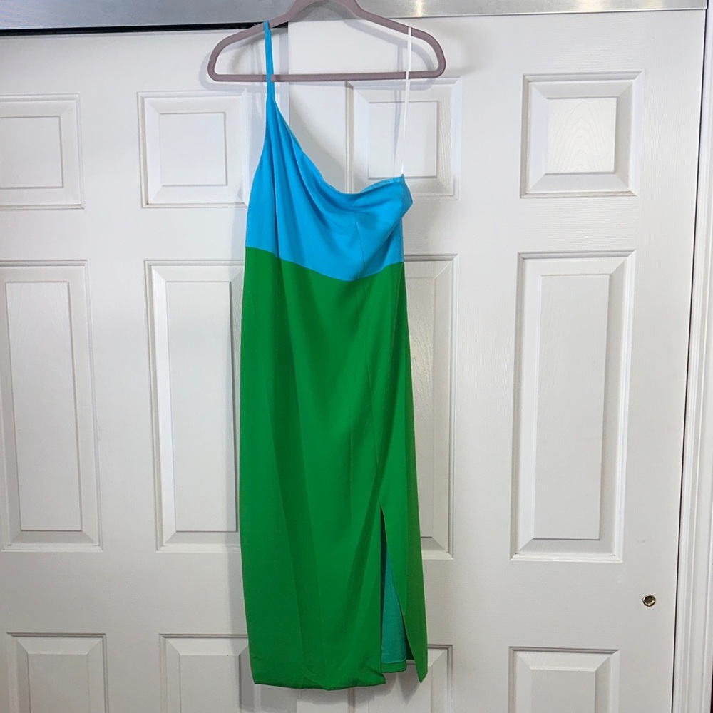 Petal & Pup One Shoulder Blue and Green Dress